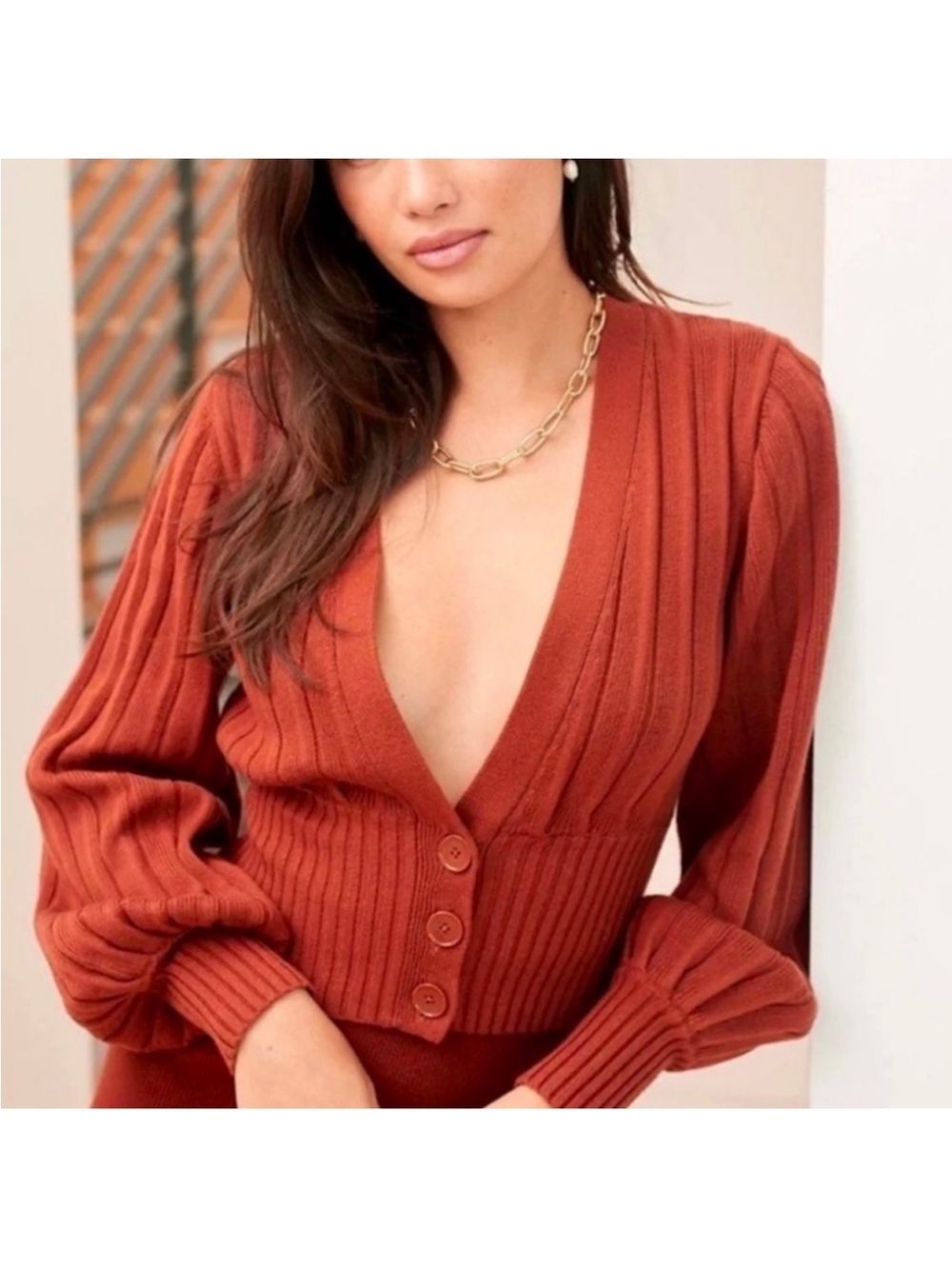 Deep V Ribbed Button-Up Sweater Cardigan - Rust